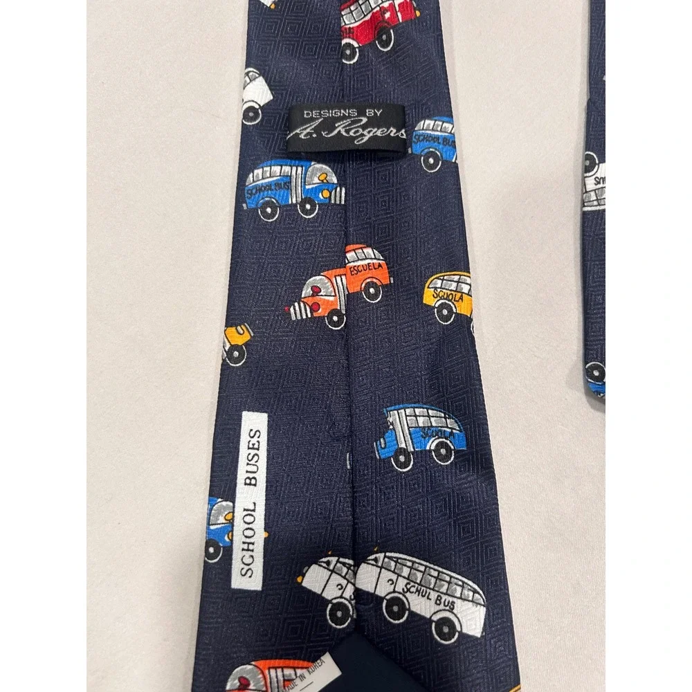 A Rogers School Bus Novelty‎ Tie Navy Vintage Teacher Bus Driver Gift Necktie
